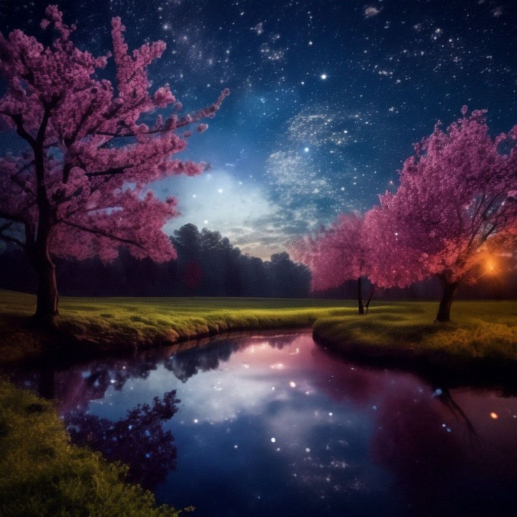 Открытка «Доброй ночи»: Спокойной ночи: магический пейзаж у реки. Тэги: Спокойной ночи, Спокойной ночи, красивые…