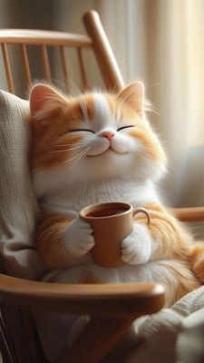 Открытка «С добрым утром»: С добрым утром: милый кот с кофе в кресле. Тэги: Для поднятия настроения, С добрым утром…