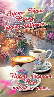 Открытка «Добрый вечер и пожелания»: Добрый вечер: уютная открытка с кофе в старом городе. Тэги: Добрый вечер женщине…
