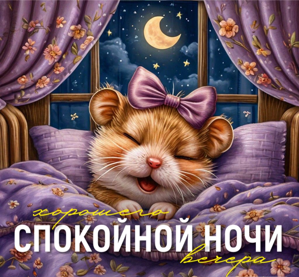 Открытка «Доброй ночи»: Доброй ночи: Милый хомяк желает чудесных снов. Тэги: Спокойной ночи, Спокойной ночи, с пожела…