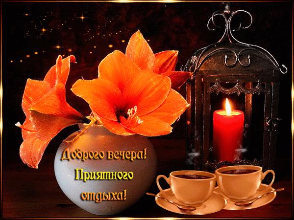 Открытка «Добрый вечер и пожелания»: Добрый вечер и приятный отдых: цветы и чай. Тэги: Доброго вечера и хорошего наст…