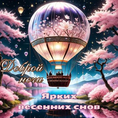 Открытка «Доброй ночи»: Доброй ночи: Ярких весенних снов на воздушном шаре.