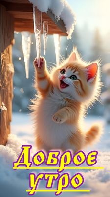 Открытка «С добрым утром»: С добрым утром: милый котенок и зимние сосульки. Тэги: С добрым зимним утром, С добрым утр…