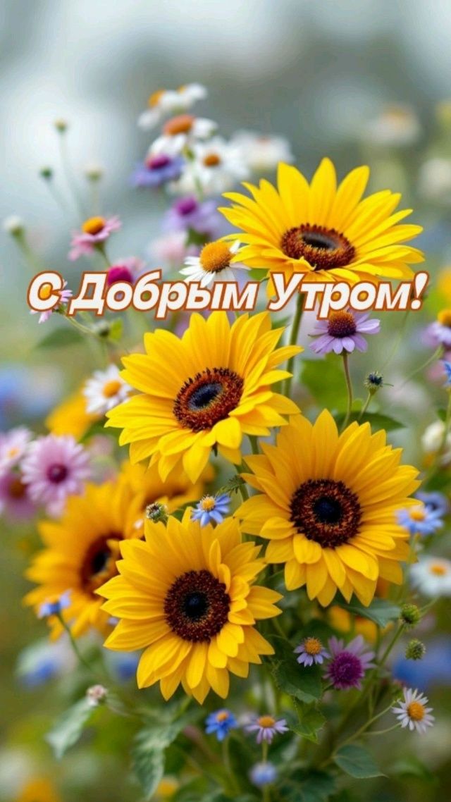 Открытка «С добрым утром»: С добрым утром: яркий букет подсолнухов для настроения. Тэги: С добрым, летним утром…