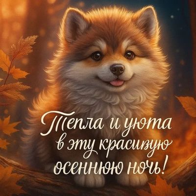 Открытка «Доброй ночи»: Доброй ночи: милый щенок и пожелание уюта.