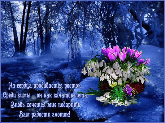 Открытка «Доброй ночи»: Доброй ночи: зимний пейзаж и весенние цветы. Тэги: проза