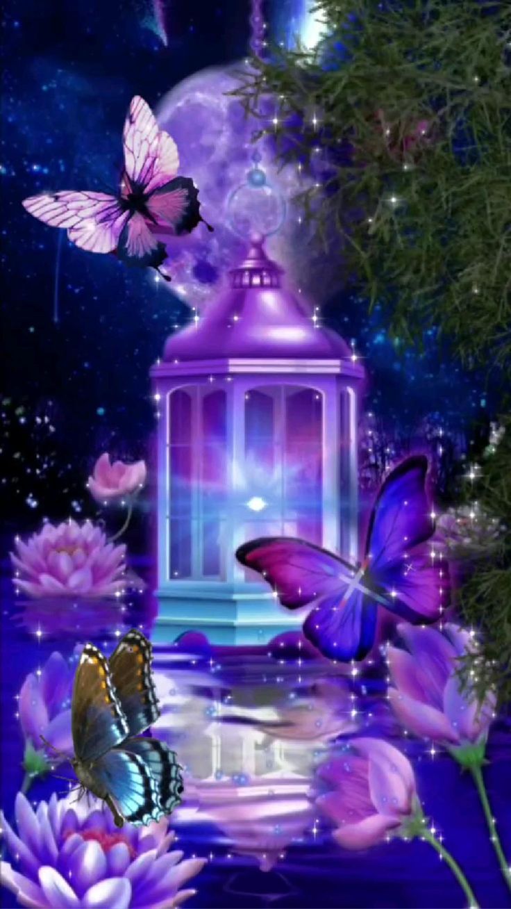 Открытка «Доброй ночи»: Доброй ночи: Волшебный фонарь и бабочки. Тэги: Спокойной ночи, Спокойной ночи, красивые…