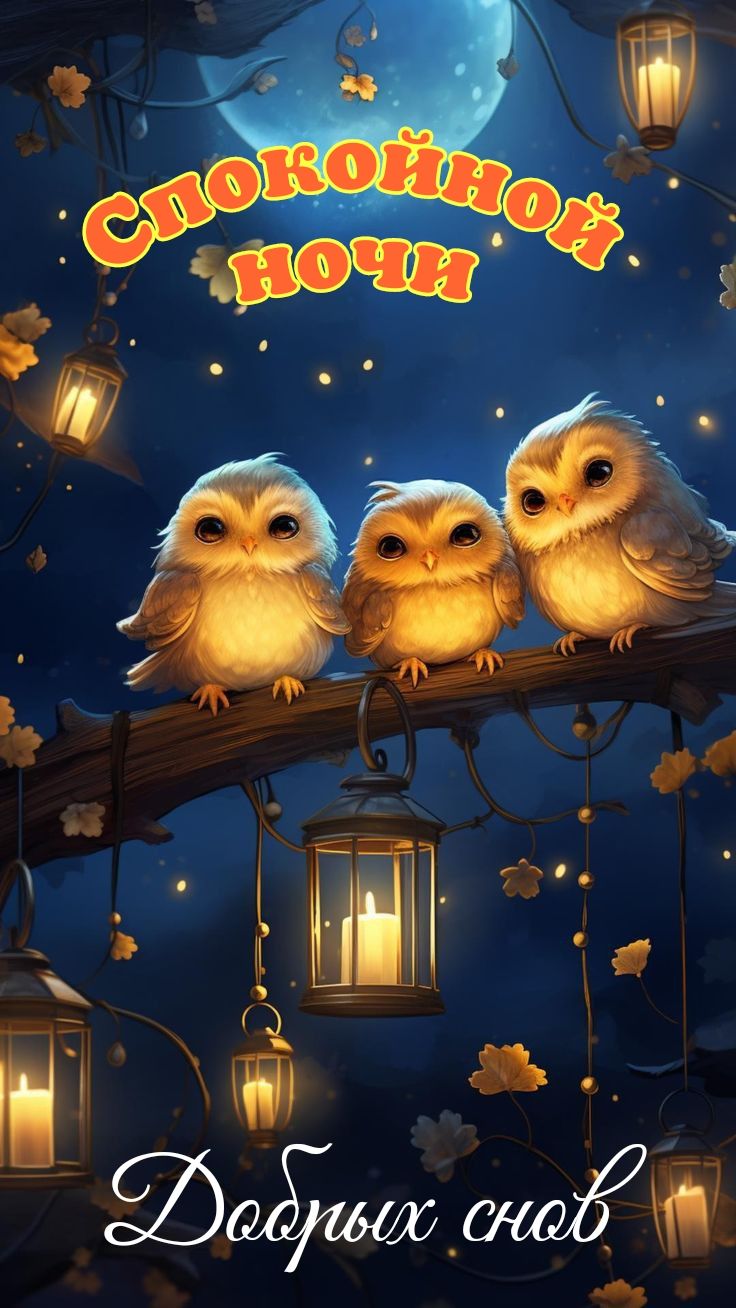 Открытка «Доброй ночи»: Доброй ночи: Три милые совы под луной. Тэги: Спокойной ночи, Спокойной ночи, с пожеланиями…