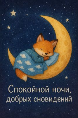 Открытка «Доброй ночи»: Спокойной ночи: лисенок на месяце. Тэги: Спокойной ночи, Спокойной ночи, с пожеланиями…