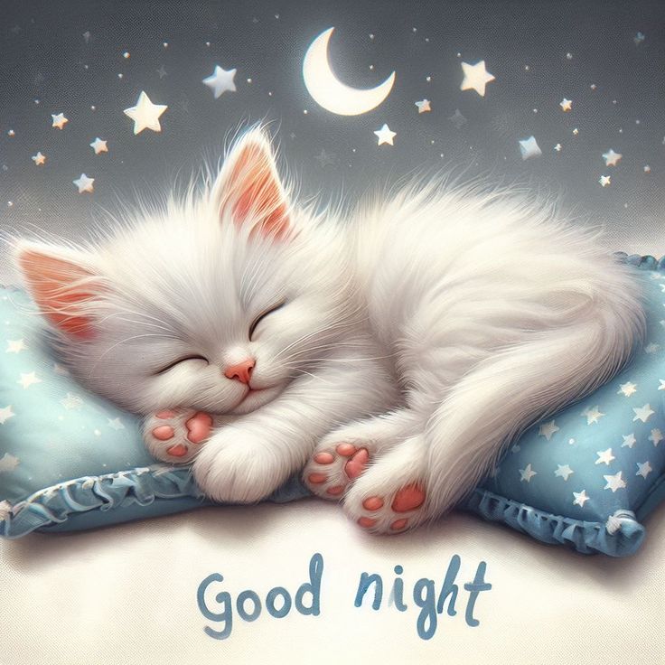Открытка «Доброй ночи»: Доброй ночи: Нежный котенок и звездное небо. Тэги: Спокойной ночи, Спокойной ночи, красивые…