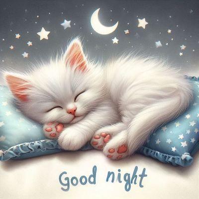 Открытка «Доброй ночи»: Доброй ночи: Нежный котенок и звездное небо. Тэги: Спокойной ночи, Спокойной ночи, красивые…