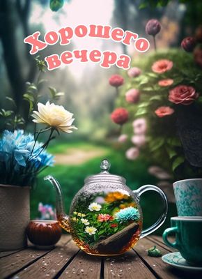 Открытка «Добрый вечер и пожелания»: Добрый вечер: «Цветочный чай в саду». Тэги: Доброго летнего вечера, Доброго вече…