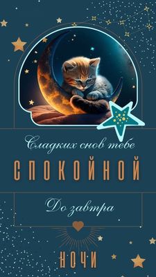 Открытка «Доброй ночи»: Доброй ночи: милый котенок на луне и звездное небо. Тэги: Спокойной ночи, Спокойной ночи…