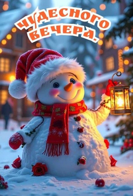 Открытка «Добрый вечер и пожелания»: Добрый вечер: «Снеговик с фонариком». Тэги: Добрый зимний вечер, Доброго вечера…