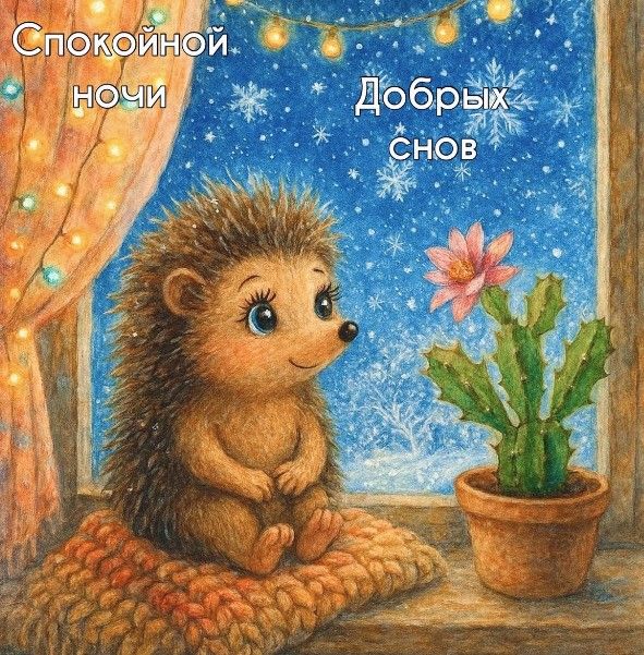 Открытка «Доброй ночи»: Доброй ночи: Милый ежик у окна желает добрых снов. Тэги: Спокойной ночи, Добрый вечер и пожел…