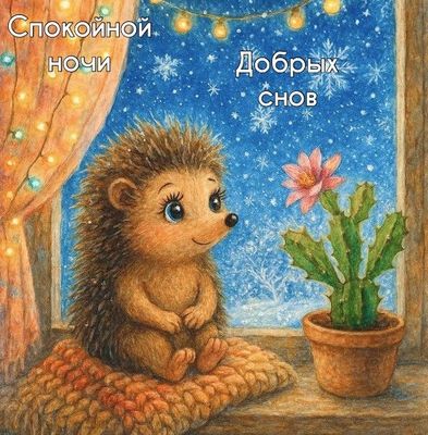 Открытка «Доброй ночи»: Доброй ночи: Милый ежик у окна желает добрых снов. Тэги: Спокойной ночи, Добрый вечер и пожел…