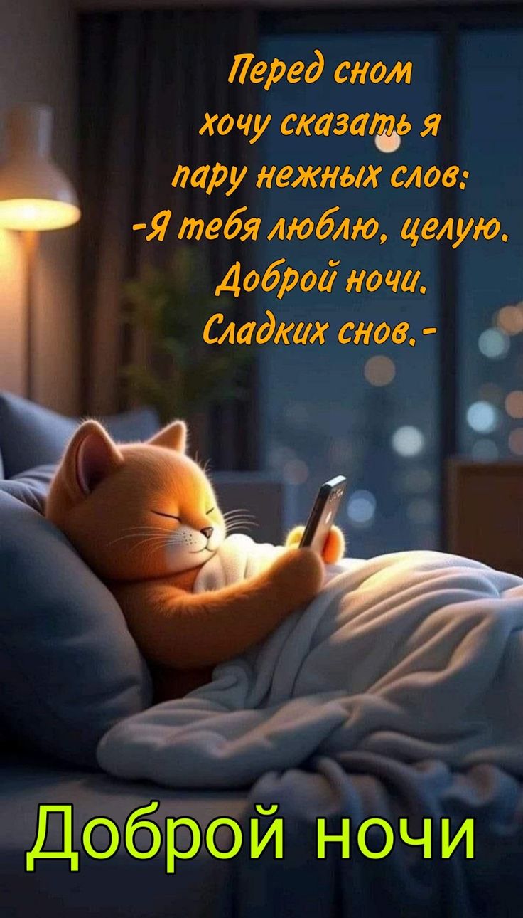 Открытка «Доброй ночи»: Доброй ночи: милый рыжий кот в кровати под одеялом. Тэги: Спокойной ночи, Спокойной ночи…