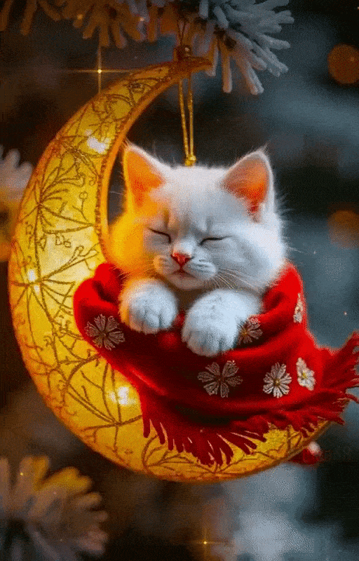 Открытка «Доброй ночи»: Спокойной ночи: Спящий котенок на золотом полумесяце. Тэги: Спокойной ночи, Спокойной ночи…