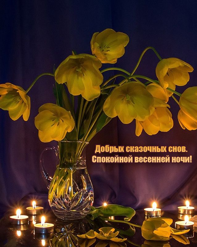 Открытка «Доброй ночи»: Доброй ночи: «Желтые тюльпаны и свечи». Тэги: Спокойной ночи, Спокойной ночи, красивые…