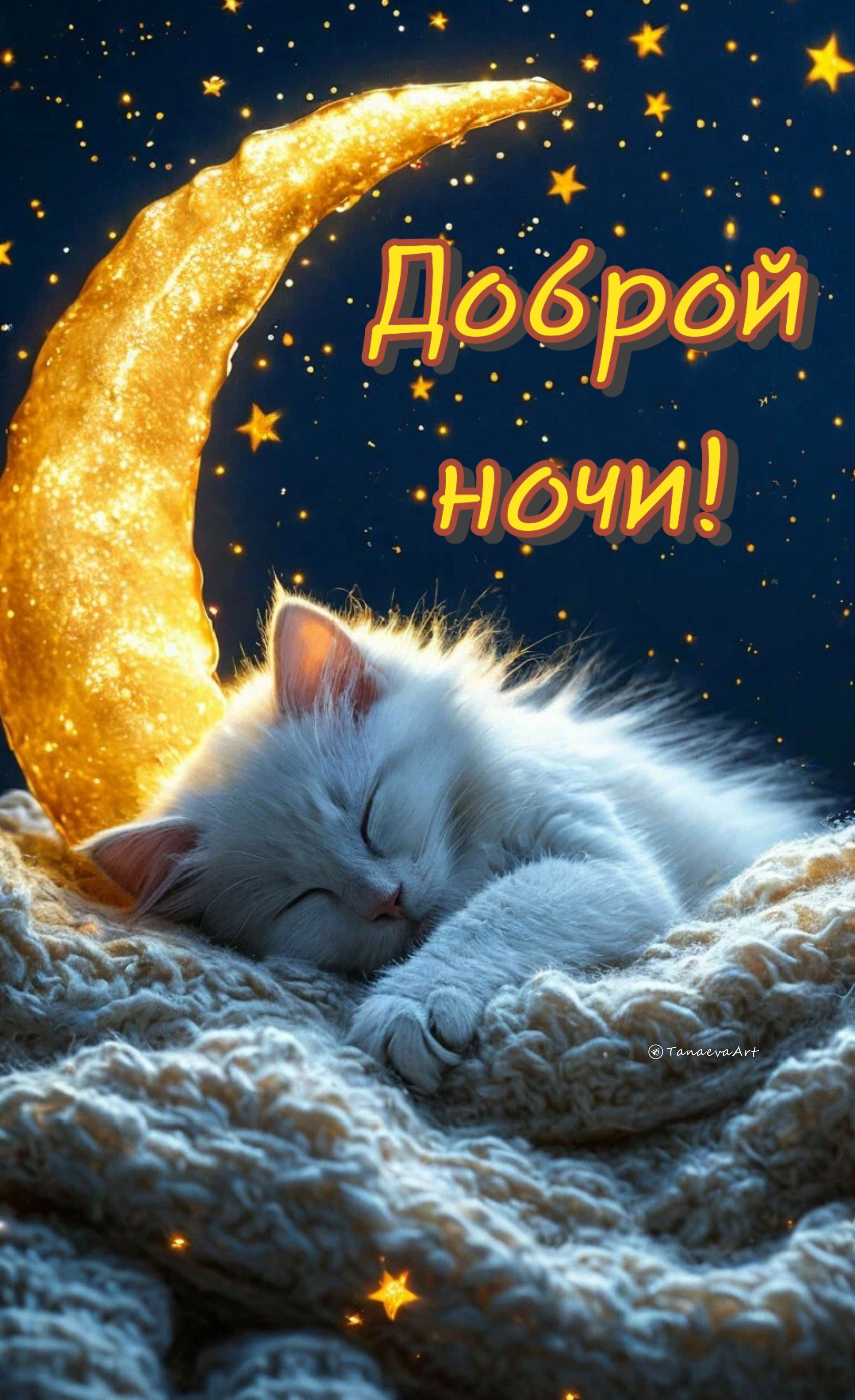 Открытка «Доброй ночи»: Спокойной ночи: «Белый котенок на золотом месяце». Тэги: Спокойной ночи, Спокойной ночи…