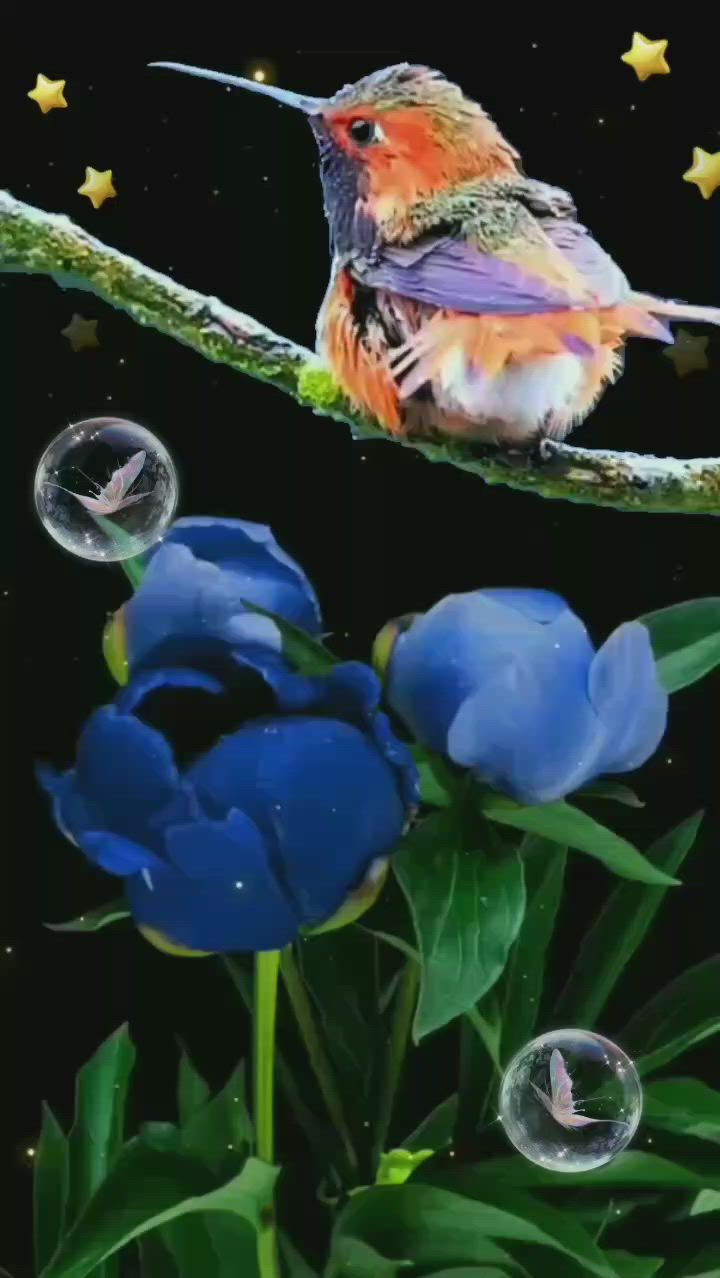 Открытка «Доброй ночи»: Спокойной ночи: птица и синие цветы. Тэги: Спокойной ночи, ночной, Спокойной ночи, красивые…