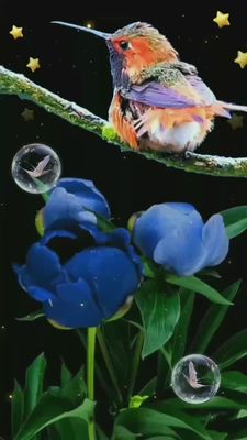 Открытка «Доброй ночи»: Спокойной ночи: птица и синие цветы. Тэги: Спокойной ночи, ночной, Спокойной ночи, красивые…