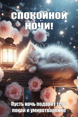 Открытка «Доброй ночи»: Спокойной ночи: милый котенок и нежные цветы. Тэги: Спокойной ночи, Спокойной ночи, с пожелан…