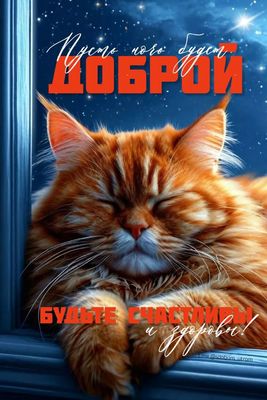 Открытка «Доброй ночи»: Спокойной ночи: рыжий кот и звездное небо. Тэги: Спокойной ночи, Спокойной ночи, с пожеланиями…