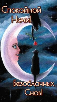 Открытка «Доброй ночи»: Спокойной ночи: Кот на месяце дарит цветок. Тэги: Спокойной ночи, Спокойной ночи, красивые…