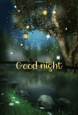 Открытка «Доброй ночи»: Спокойной ночи: магический пейзаж у реки с фонарями. Тэги: Спокойной ночи, Спокойной ночи…
