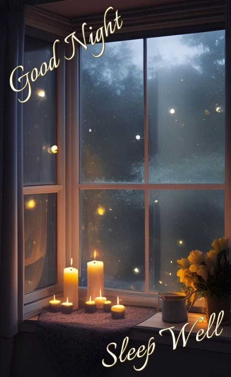 Открытка «Доброй ночи»: Спокойной ночи: уютная открытка со свечами на окне. Тэги: Спокойной ночи, Спокойной ночи…