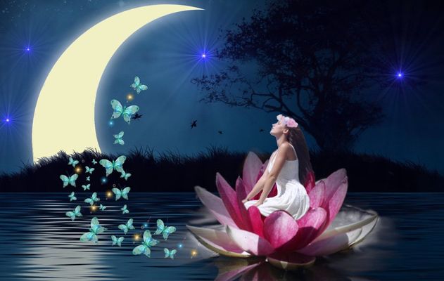 Открытка «Доброй ночи»: Доброй ночи: Сказочная девушка в цветке лотоса.