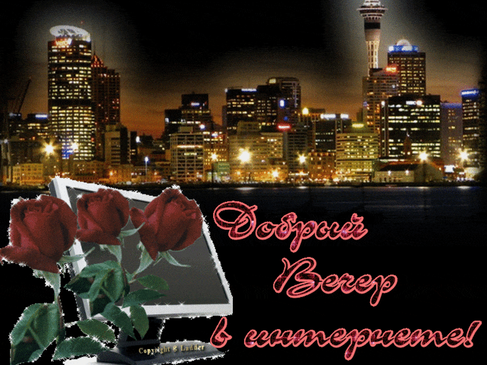 Открытка «Добрый вечер и пожелания»: Добрый вечер в интернете: розы и ночной город. Тэги: Добрый вечер красивые…