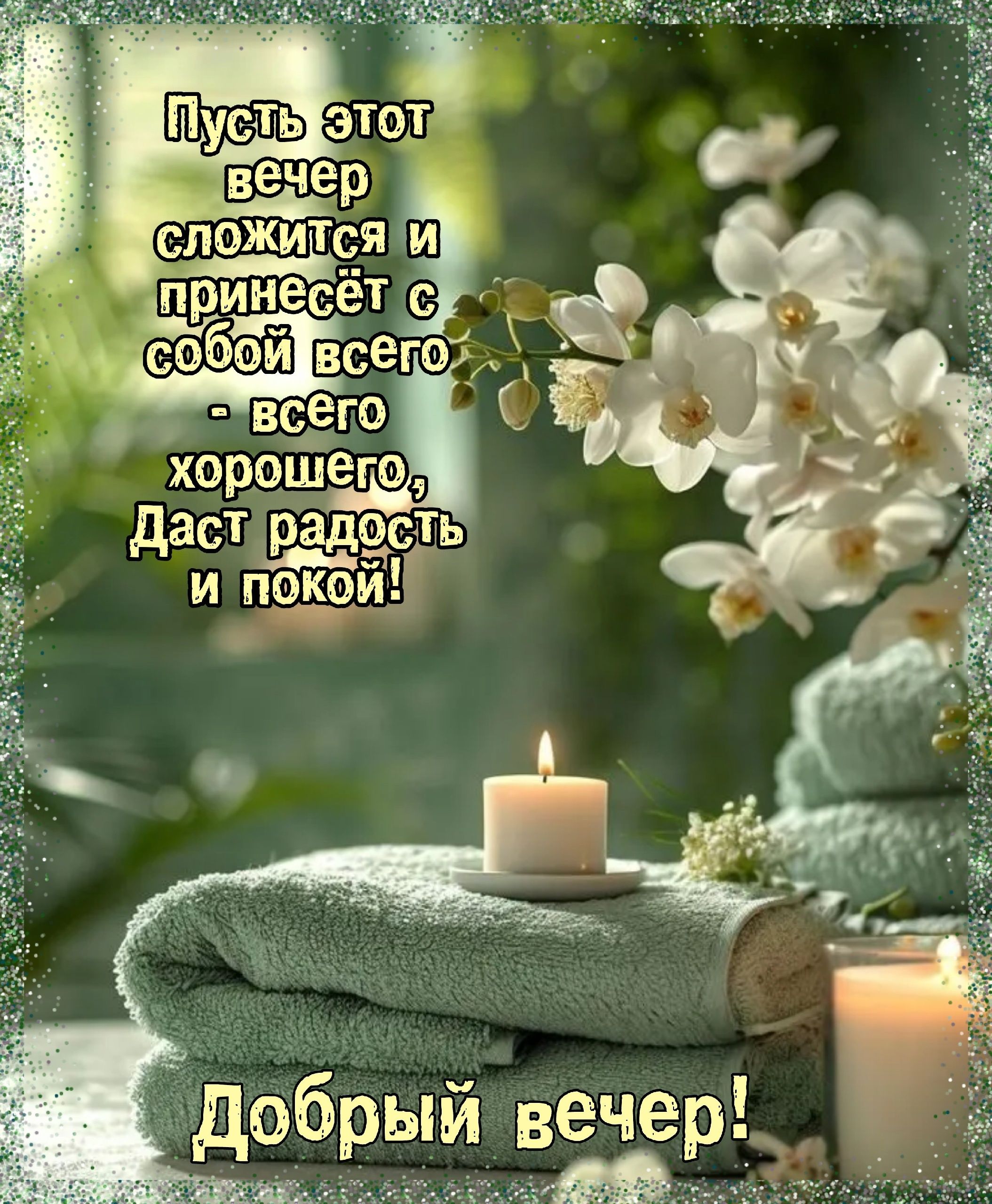 Открытка «Добрый вечер и пожелания»: Добрый вечер: нежность орхидей и уют свечей. Тэги: Добрый вечер, с цветами…