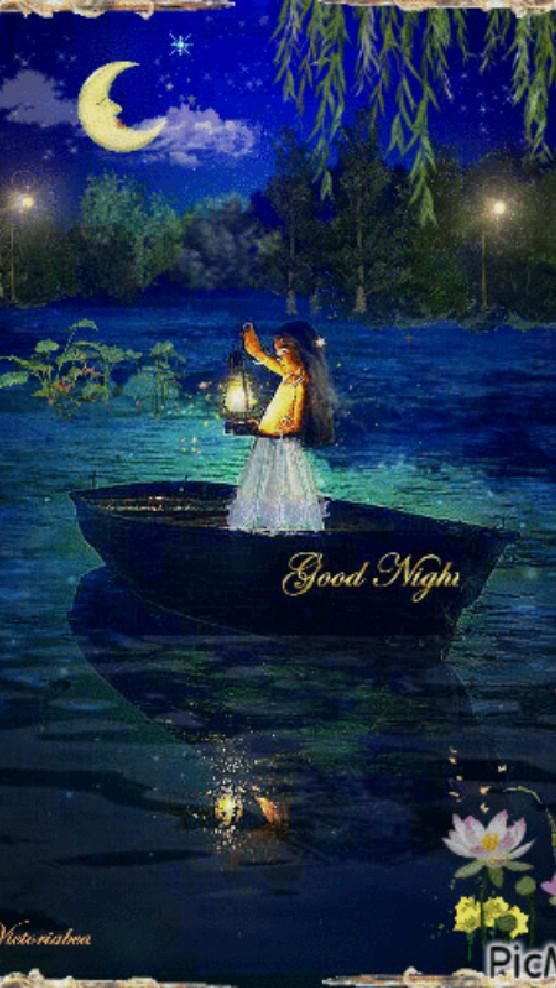 Открытка «Доброй ночи»: Спокойной ночи: Девушка в лодке под луной. Тэги: Спокойной ночи, Спокойной ночи, с пожеланиями…