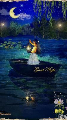 Открытка «Доброй ночи»: Спокойной ночи: Девушка в лодке под луной. Тэги: Спокойной ночи, Спокойной ночи, с пожеланиями…