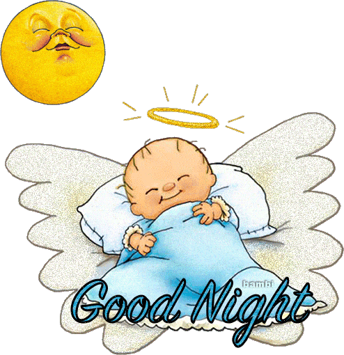 Открытка «Доброй ночи»: Спокойной ночи: милый ангел и луна. Тэги: Спокойной ночи, Спокойной ночи, с пожеланиями…