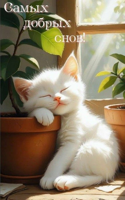 Открытка «Доброй ночи»: Доброй ночи: «Белый котенок» в цветах. Тэги: Спокойной ночи, Спокойной ночи, с пожеланиями…