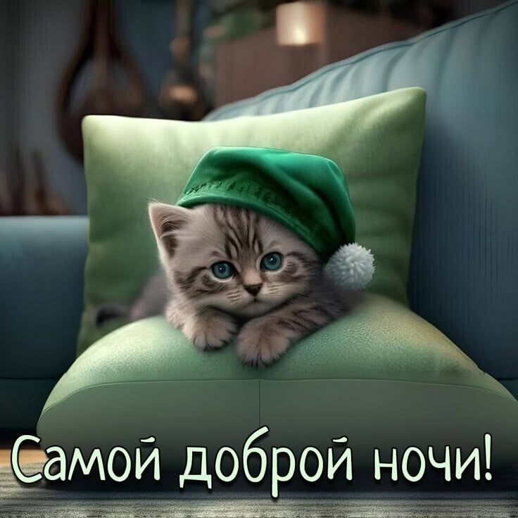 Открытка «Доброй ночи»: Спокойной ночи: милый котенок на подушке. Тэги: Спокойной ночи, Спокойной ночи, с пожеланиями…