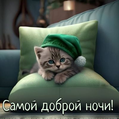 Открытка «Доброй ночи»: Спокойной ночи: милый котенок на подушке. Тэги: Спокойной ночи, Спокойной ночи, с пожеланиями…