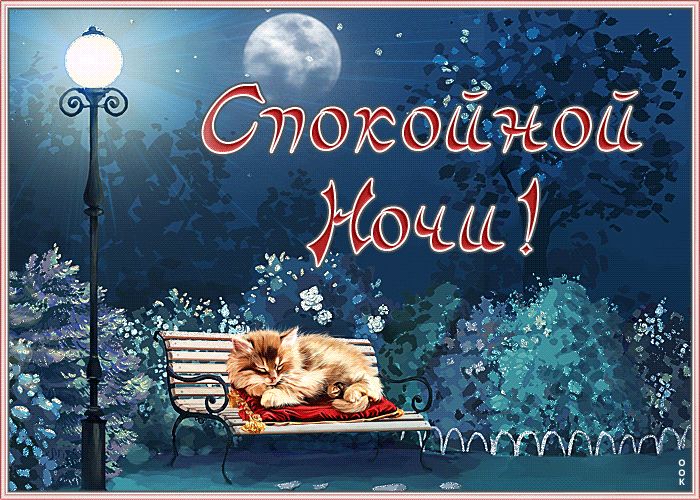 Открытка «Доброй ночи»: Спокойной ночи: спящий котик на лавочке в парке. Тэги: Спокойной ночи, Спокойной ночи, красив…