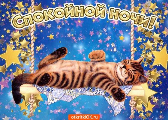 Открытка «Доброй ночи»: Открытка спокойной ночи с милым котом на качелях. Тэги: Спокойной ночи, Спокойной ночи…