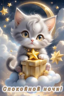 Открытка «Доброй ночи»: Спокойной ночи: милый котик на облаке со звездами. Тэги: Спокойной ночи, Спокойной ночи…