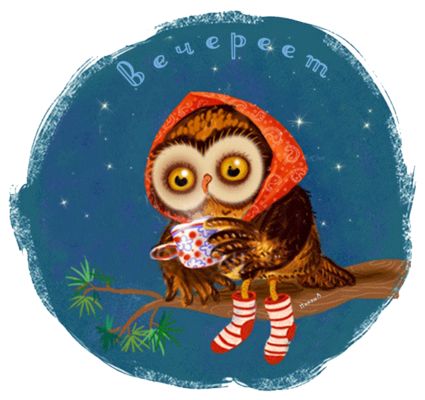 Открытка «Прикольный добрый вечер»: Добрый вечер: уютная сова и пожелание доброго вечера. Тэги: Доброго вечера и хоро…