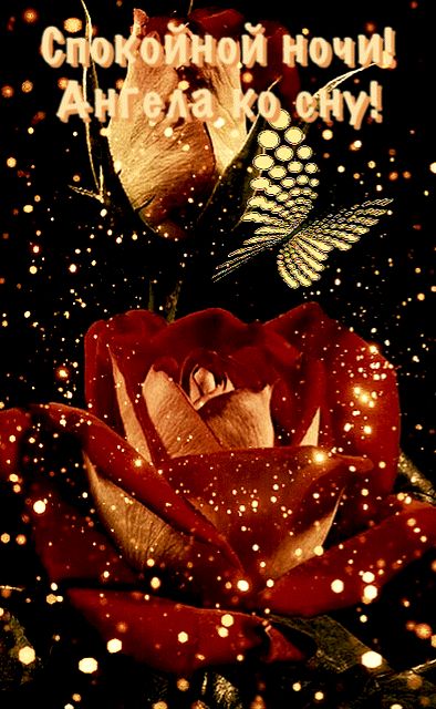 Открытка «Доброй ночи»: Спокойной ночи: красная роза и пожелание ангела ко сну. Тэги: Спокойной ночи, анимационный…