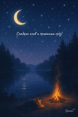 Открытка «Доброй ночи»: Спокойной ночи: лисенок у костра под звездным небом. Тэги: Спокойной ночи, Спокойной ночи…