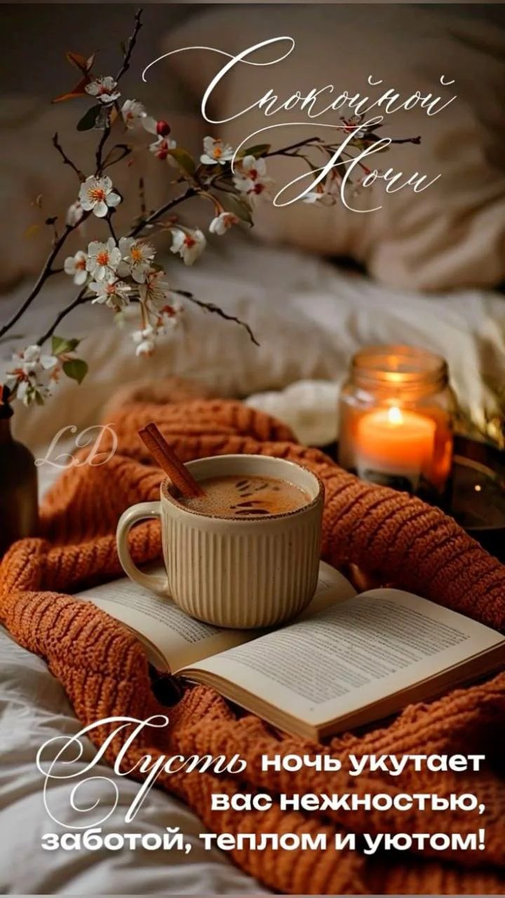 Открытка «Доброй ночи»: Спокойной ночи: Уютный вечер с книгой и свечами. Тэги: Спокойной ночи, Спокойной ночи, с поже…