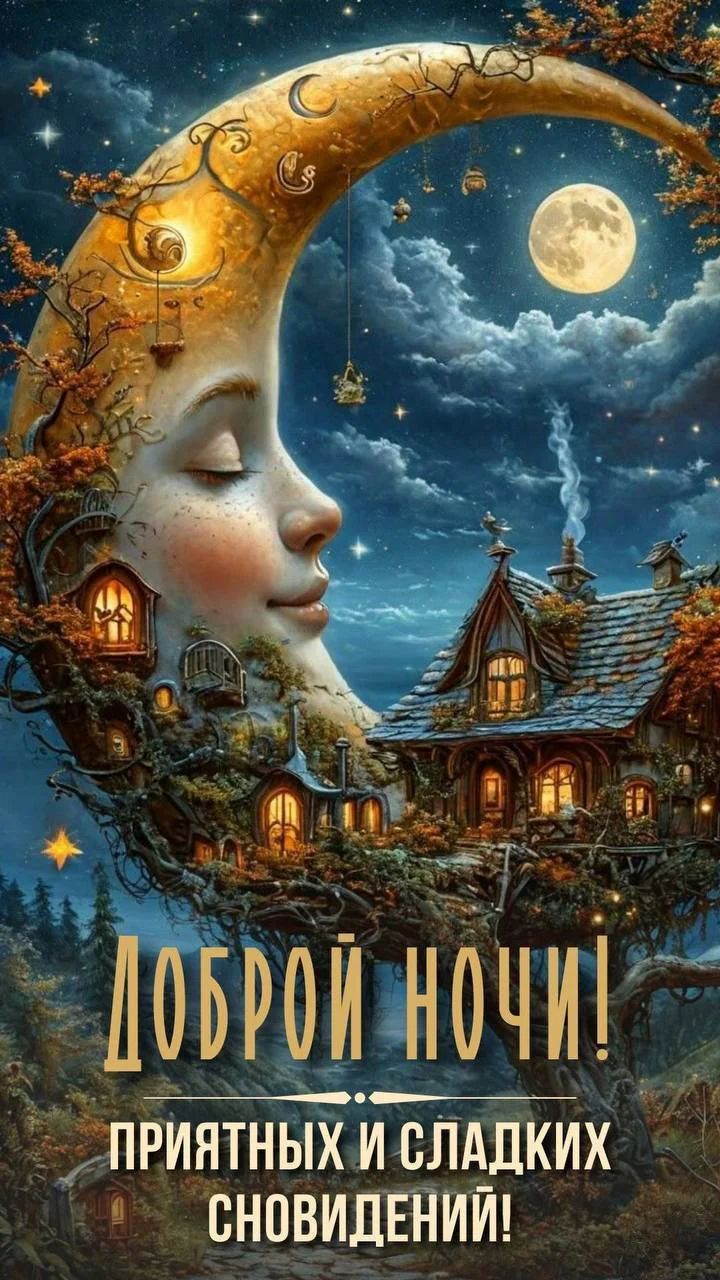 Открытка «Доброй ночи»: Доброй ночи: «Сказочный месяц» и сладкие сны. Тэги: Спокойной ночи, Спокойной ночи, красивые…
