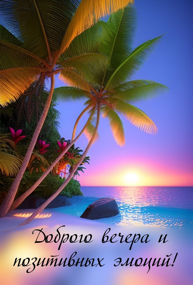 Открытка «Добрый вечер и пожелания»: Добрый вечер: позитивные эмоции и тропический закат. Тэги: Добрый позитивный веч…