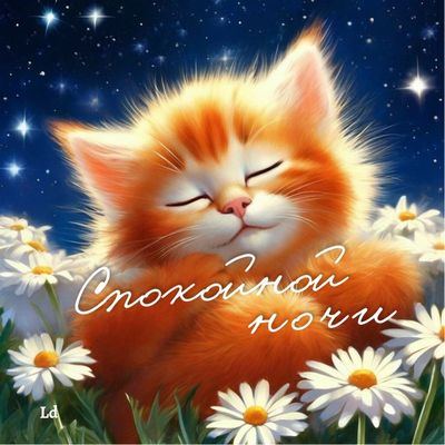 Открытка «Доброй ночи»: Спокойной ночи: милый рыжий кот в ромашках. Тэги: Спокойной ночи, Спокойной ночи, с пожелания…